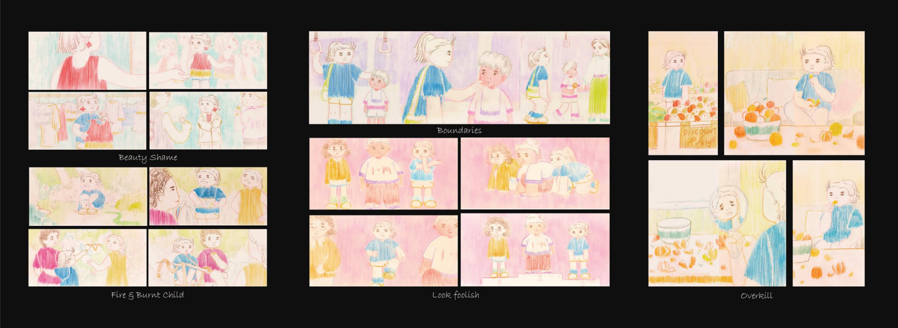 Further story panels titled Beauty Shame, Boundaries, Look Foolish, and Overkill