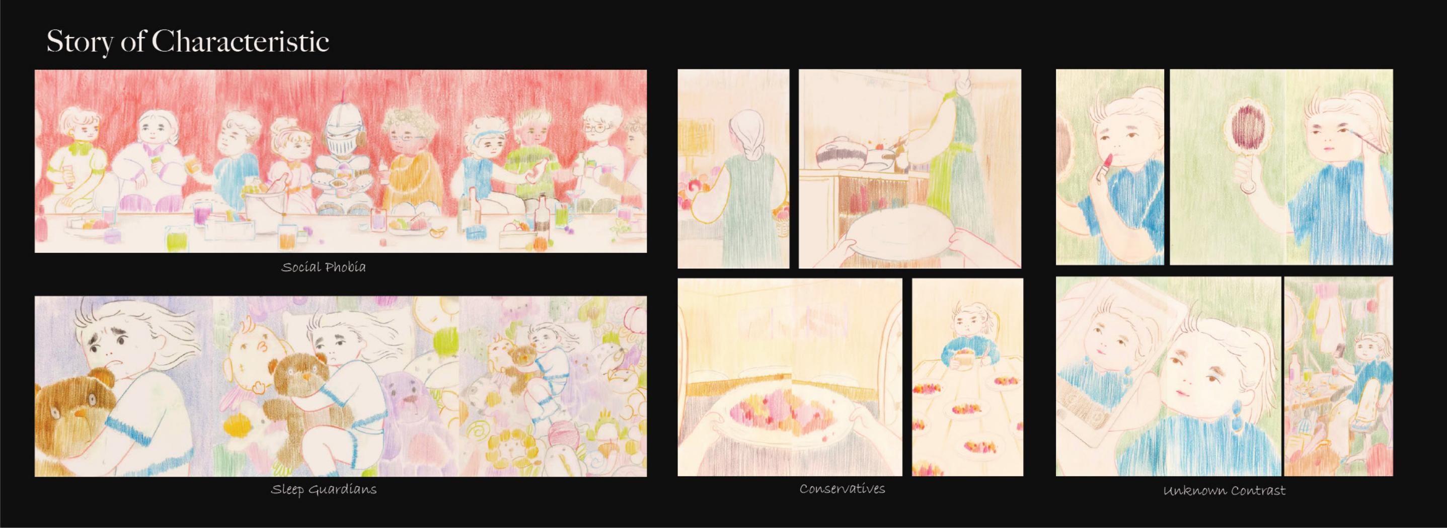 Coloured pencil story panels titled Social Phobia, Sleep Guardians, Conservatives, and Unknown Contrast