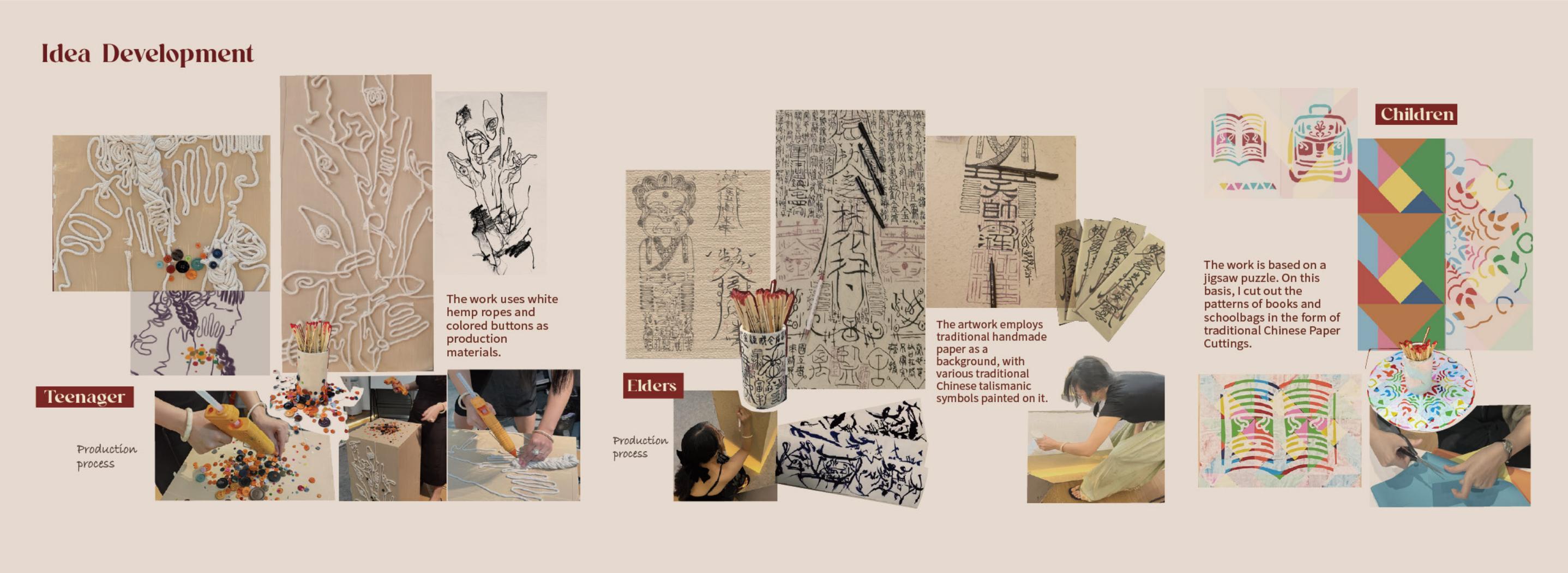 Material development for the child, teenage, and elder pillars, with production photographs