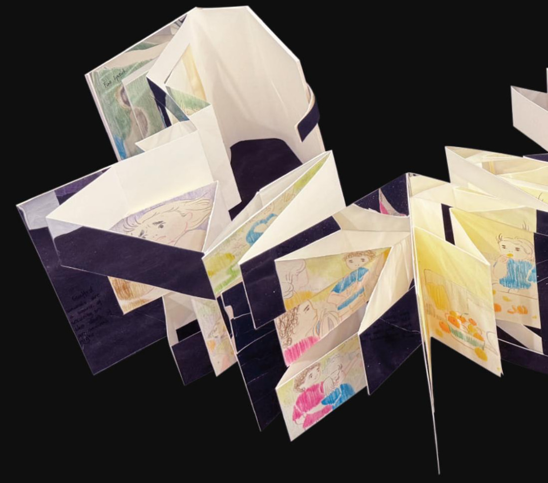 The handmade concertina book standing open on black, its folded panels holding coloured pencil scenes like walls in a gallery
