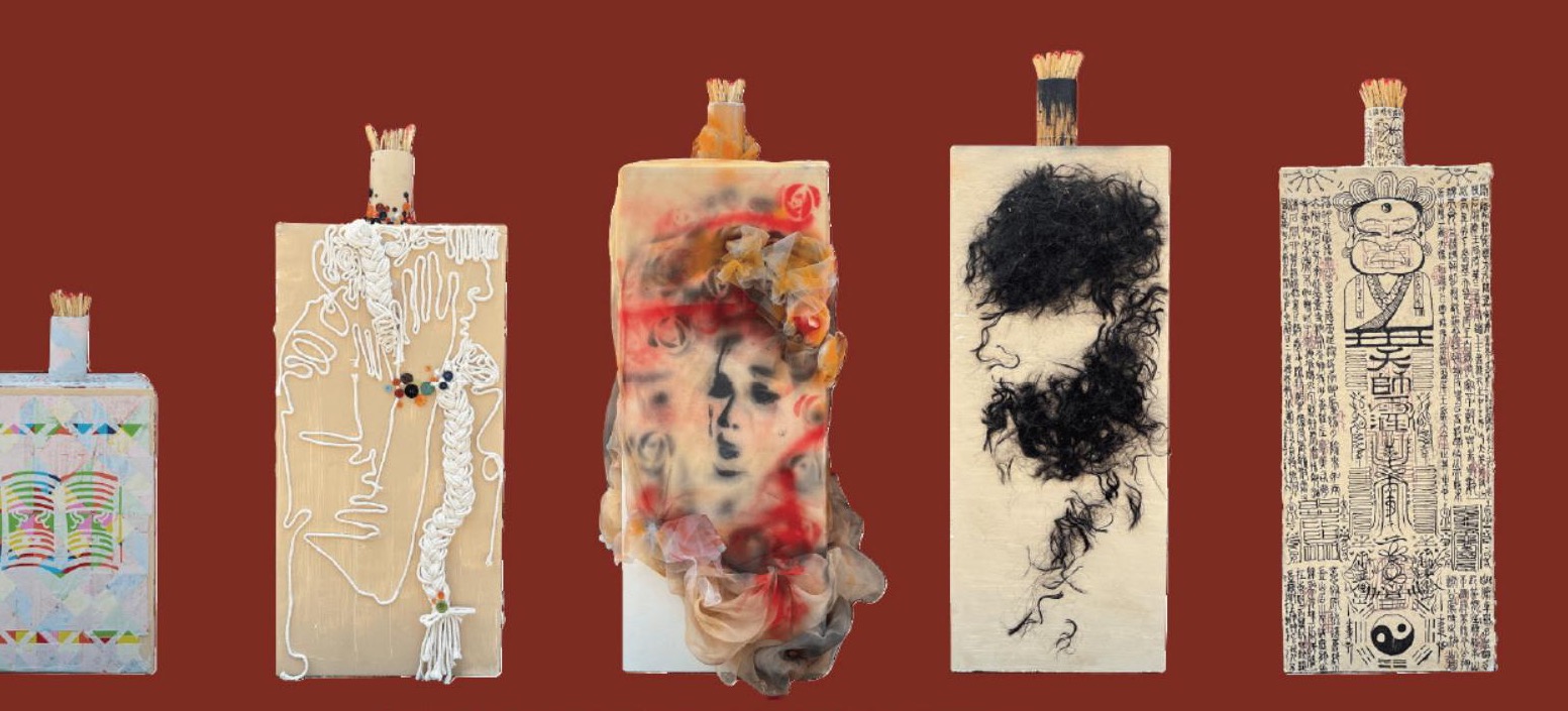 Five mixed-media pillars in a row, made from paper, rope, organza, hair, and talismanic paper