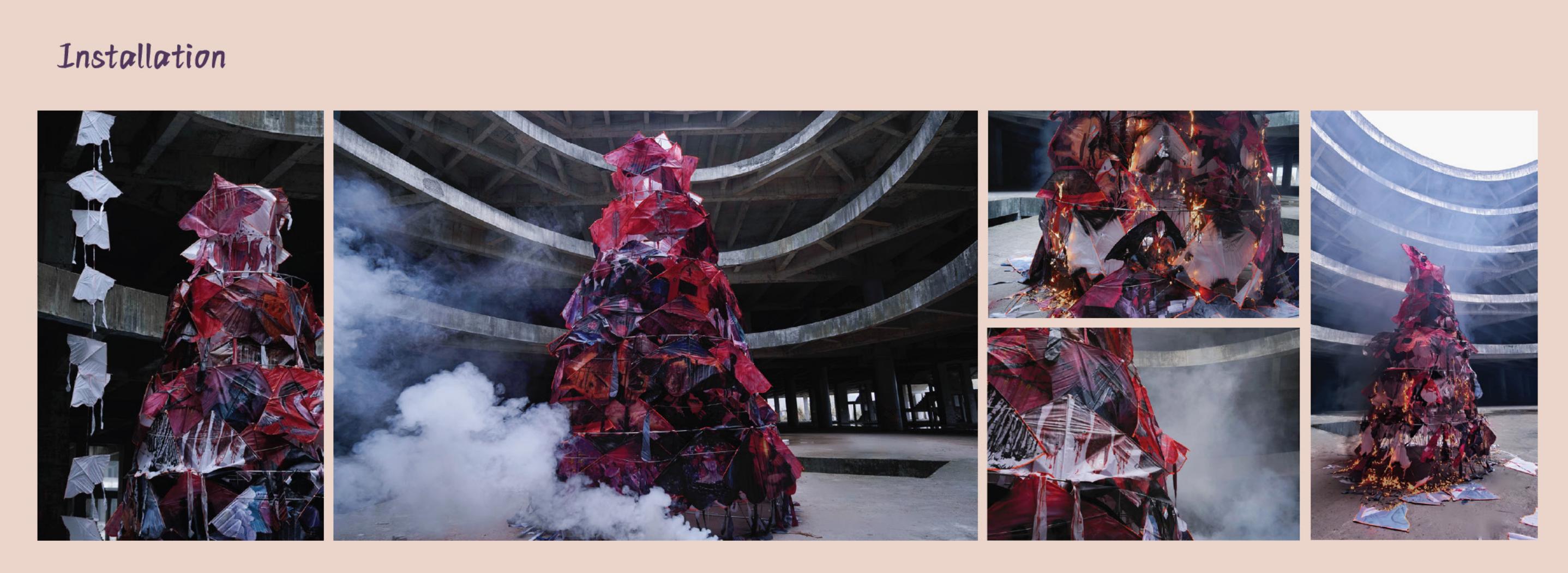 The kite tower photographed in smoke and then alight, its painted panels burning away