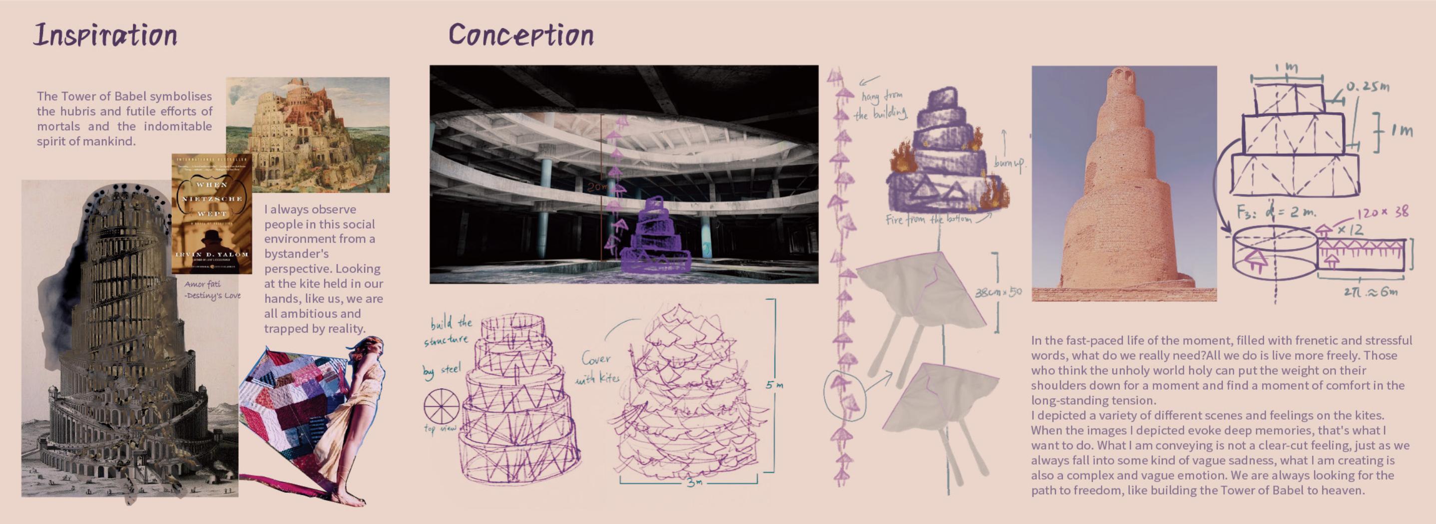 Tower of Babel references beside structural sketches, load calculations, and a rendered interior