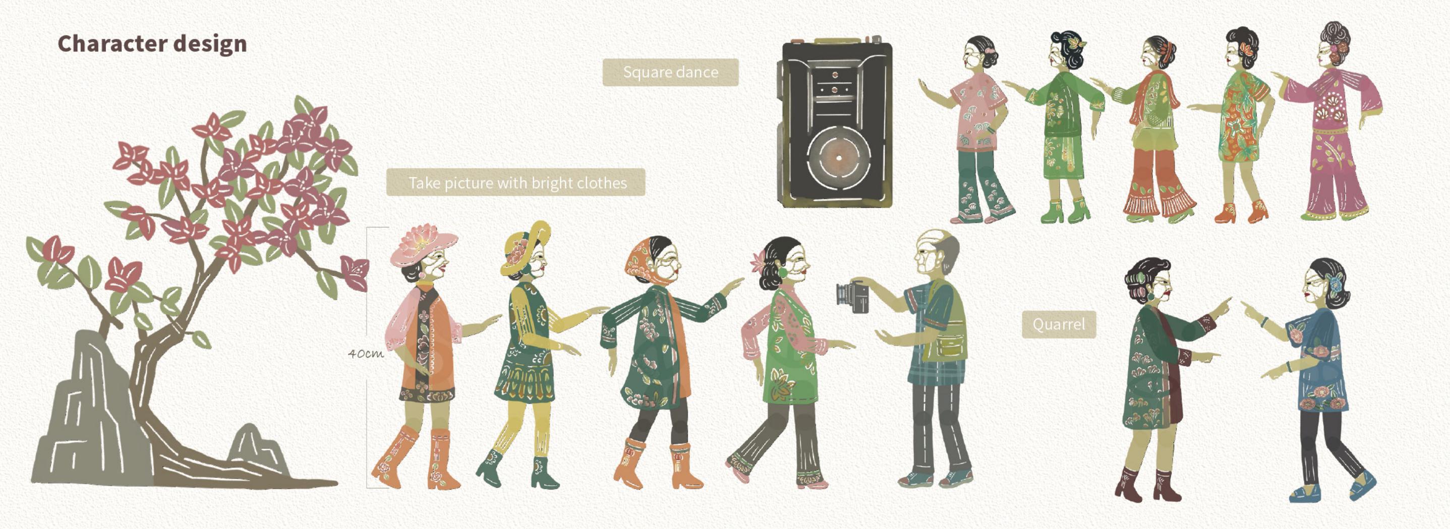 Character sheet of puppet figures with a blossom tree and a portable speaker
