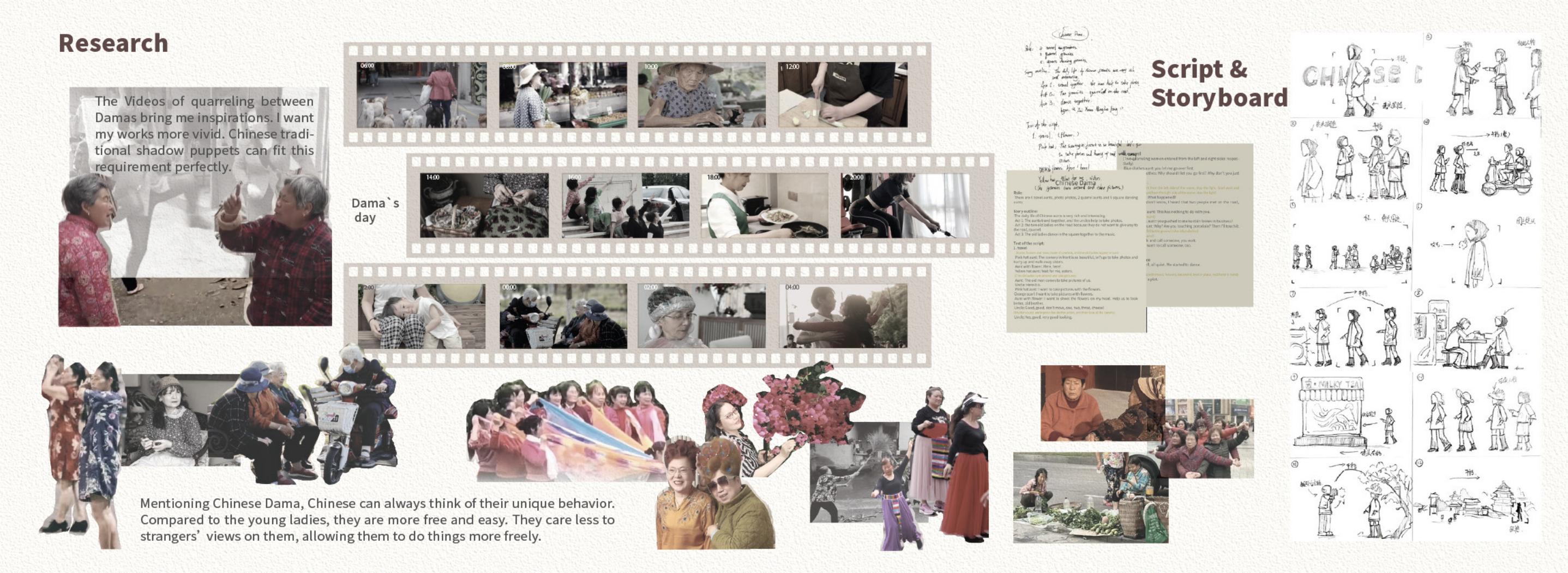 Research board of photographs, script pages, and a hand-drawn storyboard