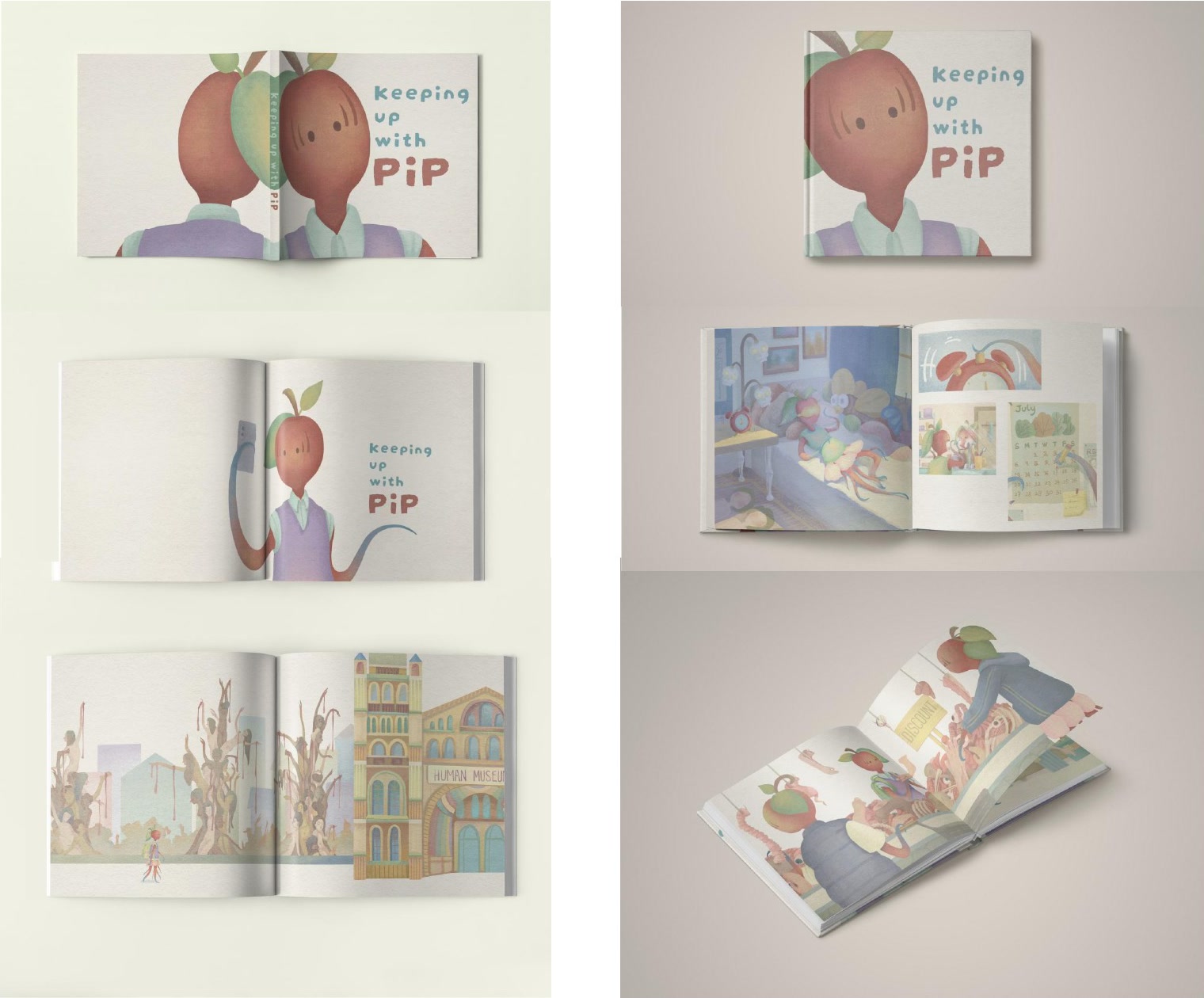Physical mock-ups of the Keeping Up with Pip picture book, shown closed and open