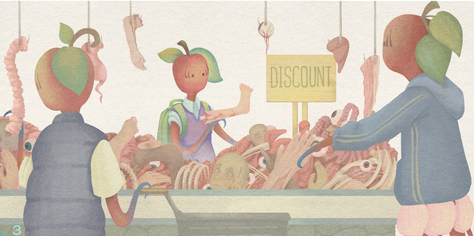 Apple-headed Applers reach across a supermarket counter of human limbs and organs, under a hand-lettered DISCOUNT sign