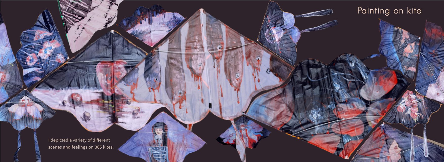 Kites painted with figures, blossoms, and washes of red and blue, laid edge to edge