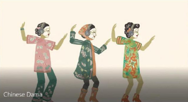 Three shadow-puppet style women mid-step in a square dance, in a pink tunic, a green coat, and a patterned dress