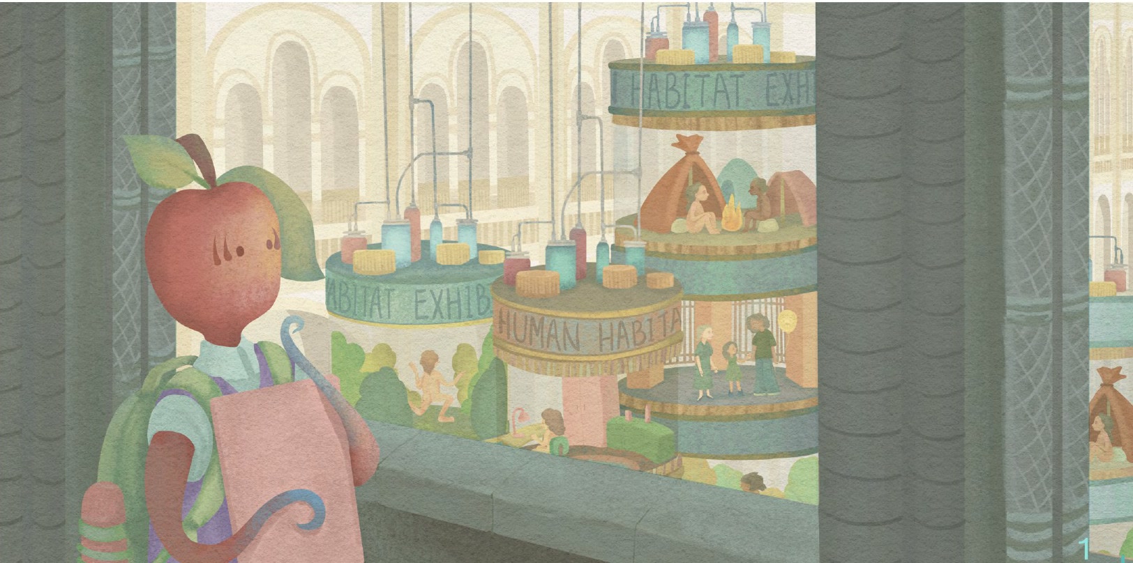 Pip, a plant-like Appler, observes humans displayed inside the fictional Human Museum